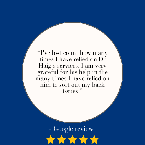 A digital graphic with a blue background and a white circle in the center containing a handwritten-style quote about relying on Dr. Haig's services, expressing gratitude. Below the circle, it says "- Google review" and shows five yellow stars.