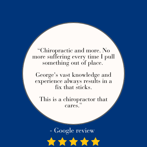 Google review with five stars and a quote praising the chiropractor for providing relief through chiropractic care.