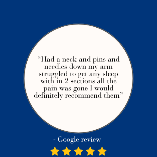 Quote from a Google review about neck pins and needles providing relief from sleep pain, with five-star rating.