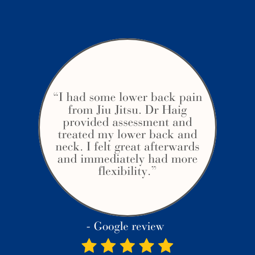 Graphic featuring a quote about lower back pain relief from Jiu Jitsu treatment, with a five-star Google review rating.