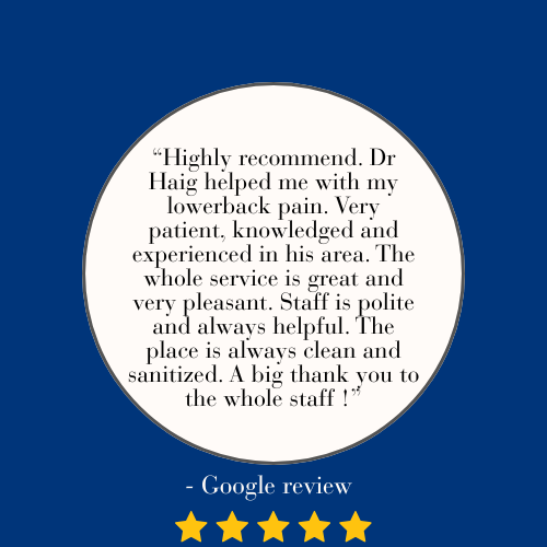 Google review with five-star rating praising Dr. Haig for effective lower back pain treatment, highlighting the staff's politeness, cleanliness, and helpfulness.