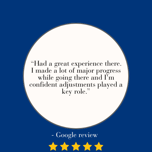 Quote in a circle stating, "Had a great experience there. I made a lot of major progress while going there and I'm confident adjustments played a key role" from a Google review, with five gold star ratings below on a blue background.