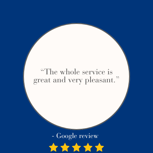 Quote inside a white circle on a dark blue background: 'The whole service is great and very pleasant.' Google review with five gold stars below.