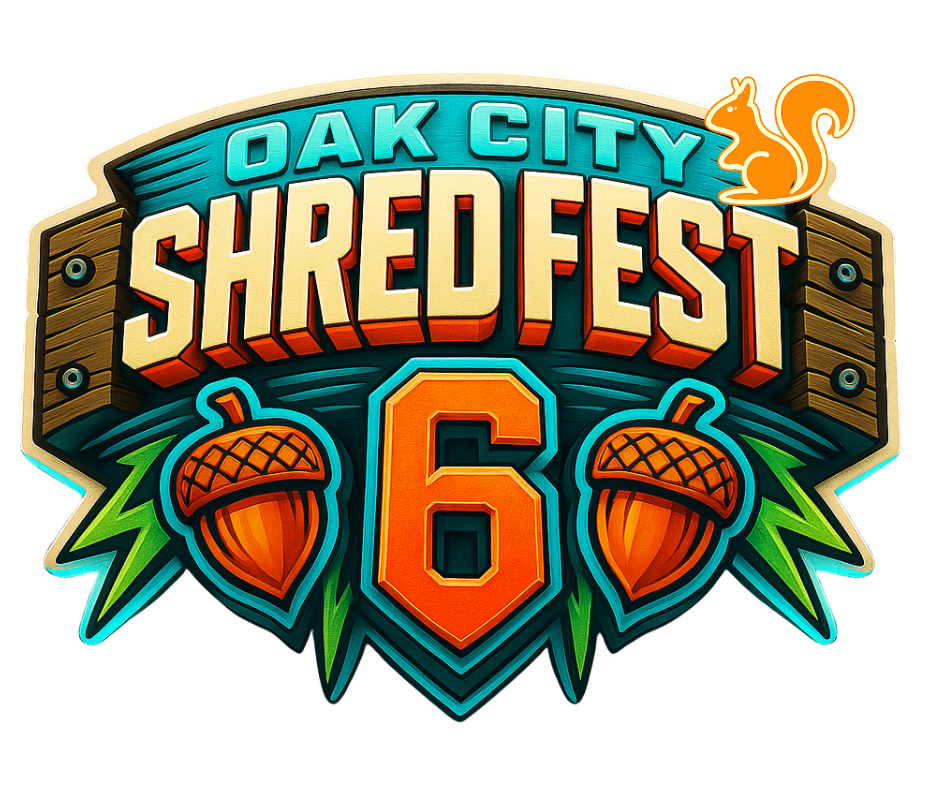 Colorful logo for Oak City Shred Fest 6 featuring a squirrel, acorns, and leaves.
