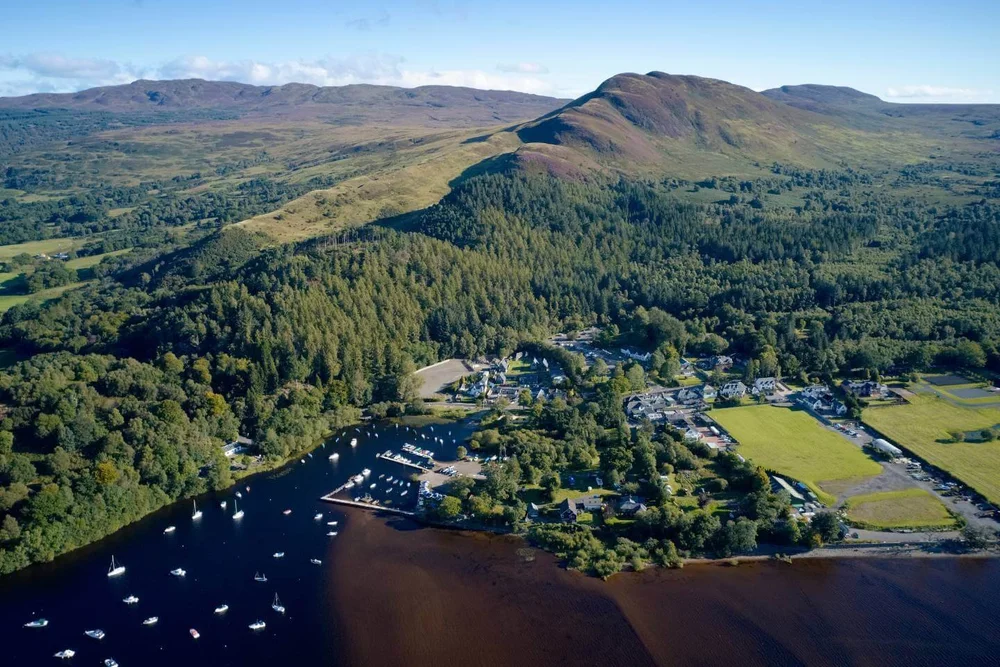 Balmaha and Loch Lomond surrounded by Highland scenery