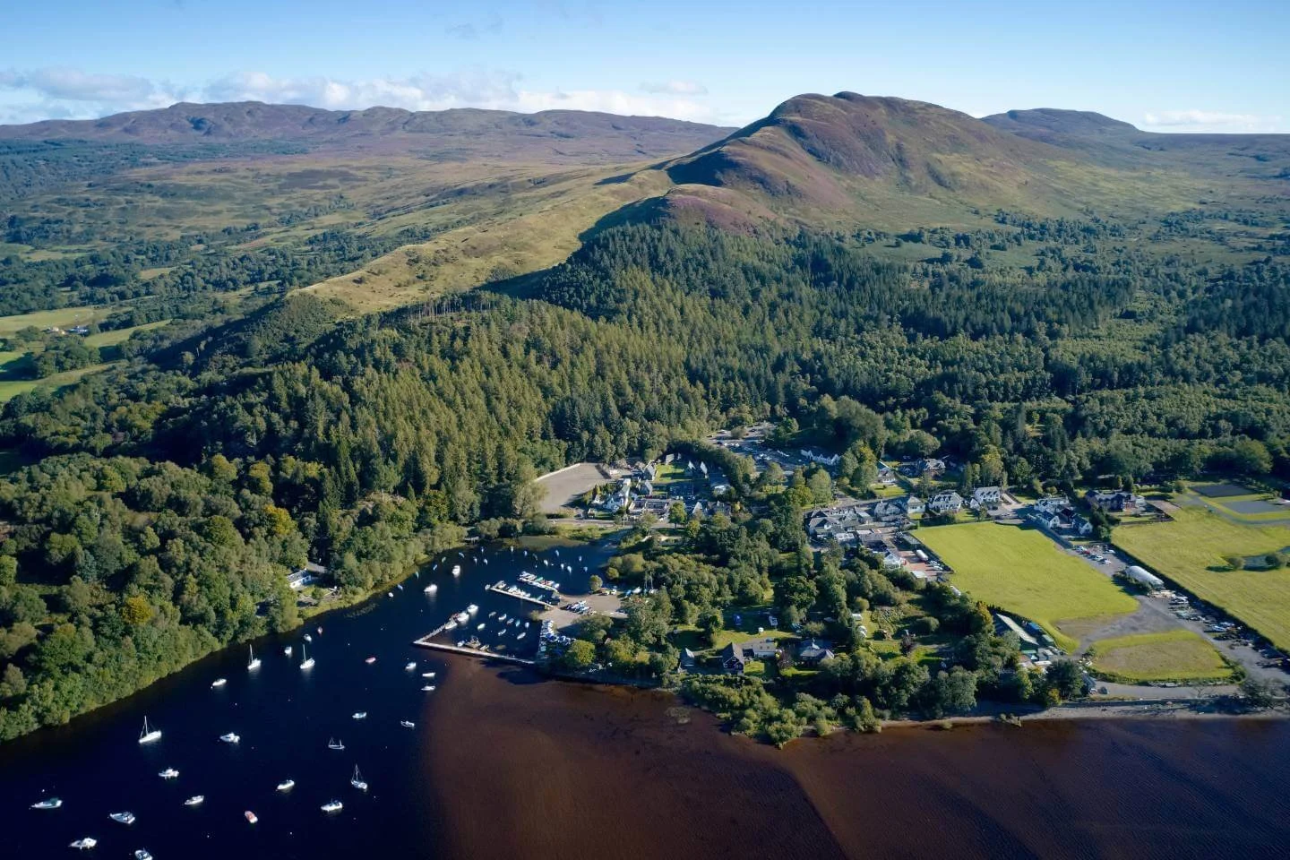 Balmaha and Loch Lomond surrounded by Highland scenery