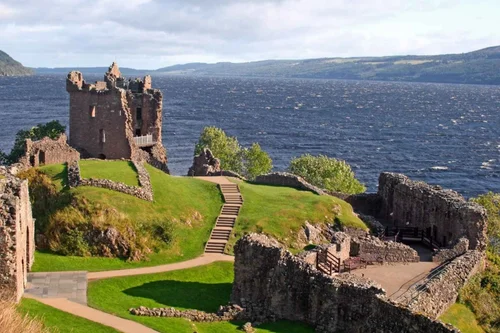 The ruins of Urquhart Castle on the shore of Loch Ness
