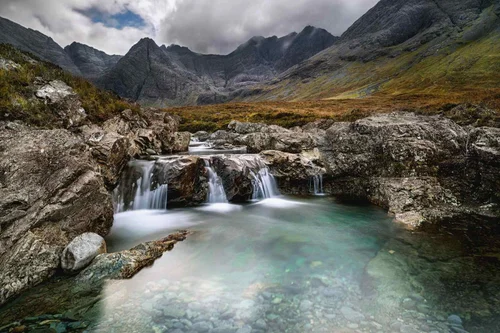 The Fairy Pools waterfalls below the Black Cuillin on the Isle of Skye