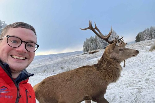 A guide taking a selfie with a red deer in snowy Glencoe