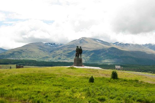 The Commando Memorial at Spean Bridge with the Nevis range behind