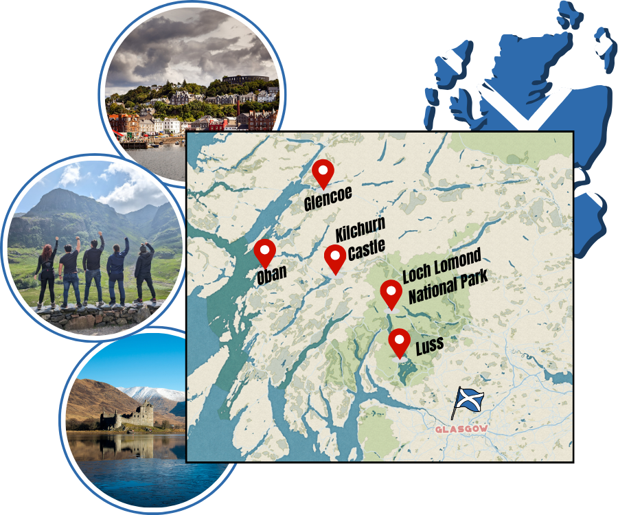 Route map for private Oban and Glencoe day tour from Glasgow showing Glasgow, Luss, Loch Lomond, Glencoe, Oban and Kilchurn Castle