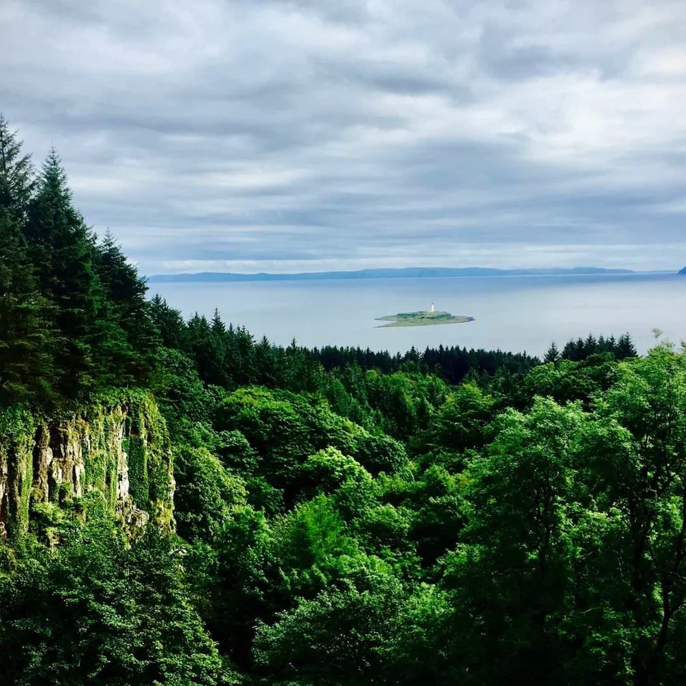 Forest and cliffs above the sea on the Isle of Arran