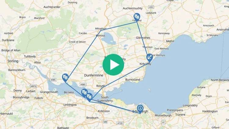 Route map of the Outlander filming locations day tour from Edinburgh via Blackness Castle, Culross, Falkland, Dysart and Midhope Castle