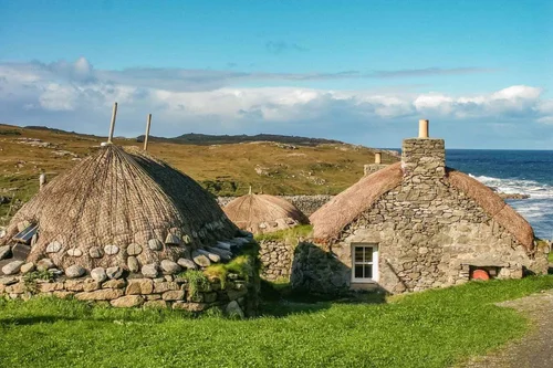 Traditional thatched blackhouses in the Outer Hebrides