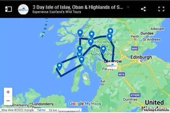 a map showing the route of a 3 Day isle of Islay Scotch Whiskey Distillery Tour starting leaving Glasgow and visiting Inveraray Castle, Laphroaig, Ardbeg, Bowmore, Lagavulin & Oban Distilleries in the Highlands of Scotland with Scotland's Wild Tours