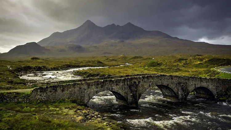 The old stone bridge at Sligachan below the Cuillin on the Isle of Skye