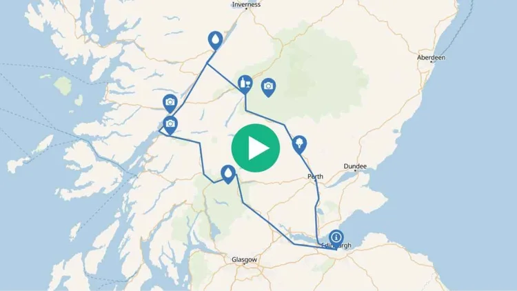 Route map of the Loch Ness & Scottish Highlands day tour from Edinburgh via the Hermitage, the Cairngorms, Fort Augustus, Fort William, Glencoe and Loch Lomond