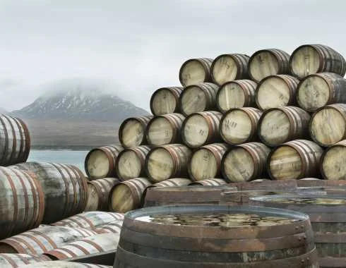 Whisky casks outside a Scottish distillery