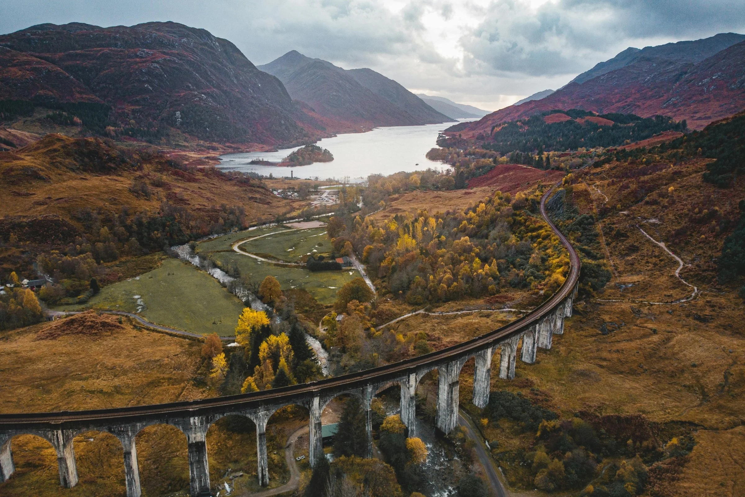 Aerial view of Glenfinnan in autumn