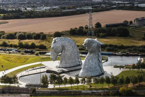 An aerial view of The Kelpies at Helix Park