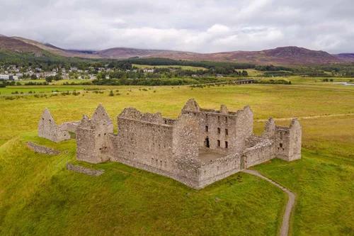 The ruins of Ruthven Barracks on their mound in the Spey valley near Kingussie