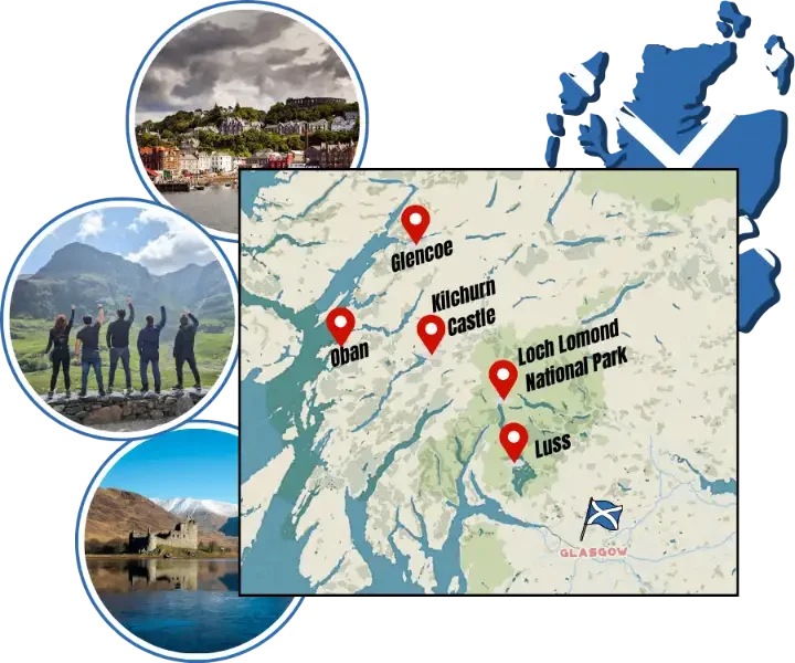 Route map for private Oban and Glencoe day tour from Glasgow showing Glasgow, Luss, Loch Lomond, Glencoe, Oban and Kilchurn Castle