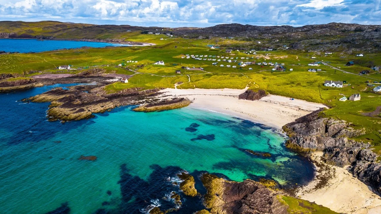 White sand, turquoise water and crofting landscape on Lewis and Harris