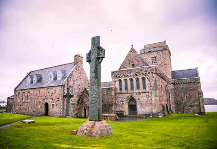 Iona Abbey and a Celtic cross on the Isle of Iona
