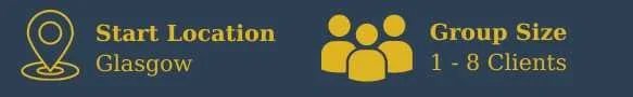 Text indicating start location as Glasgow and group size of 1 to 8 clients on a yellow background.