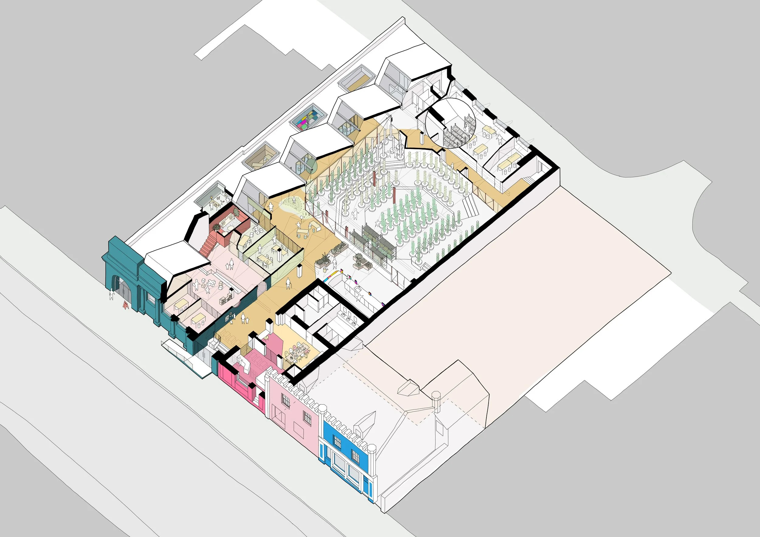 Cutaway image of existing building showing community uses