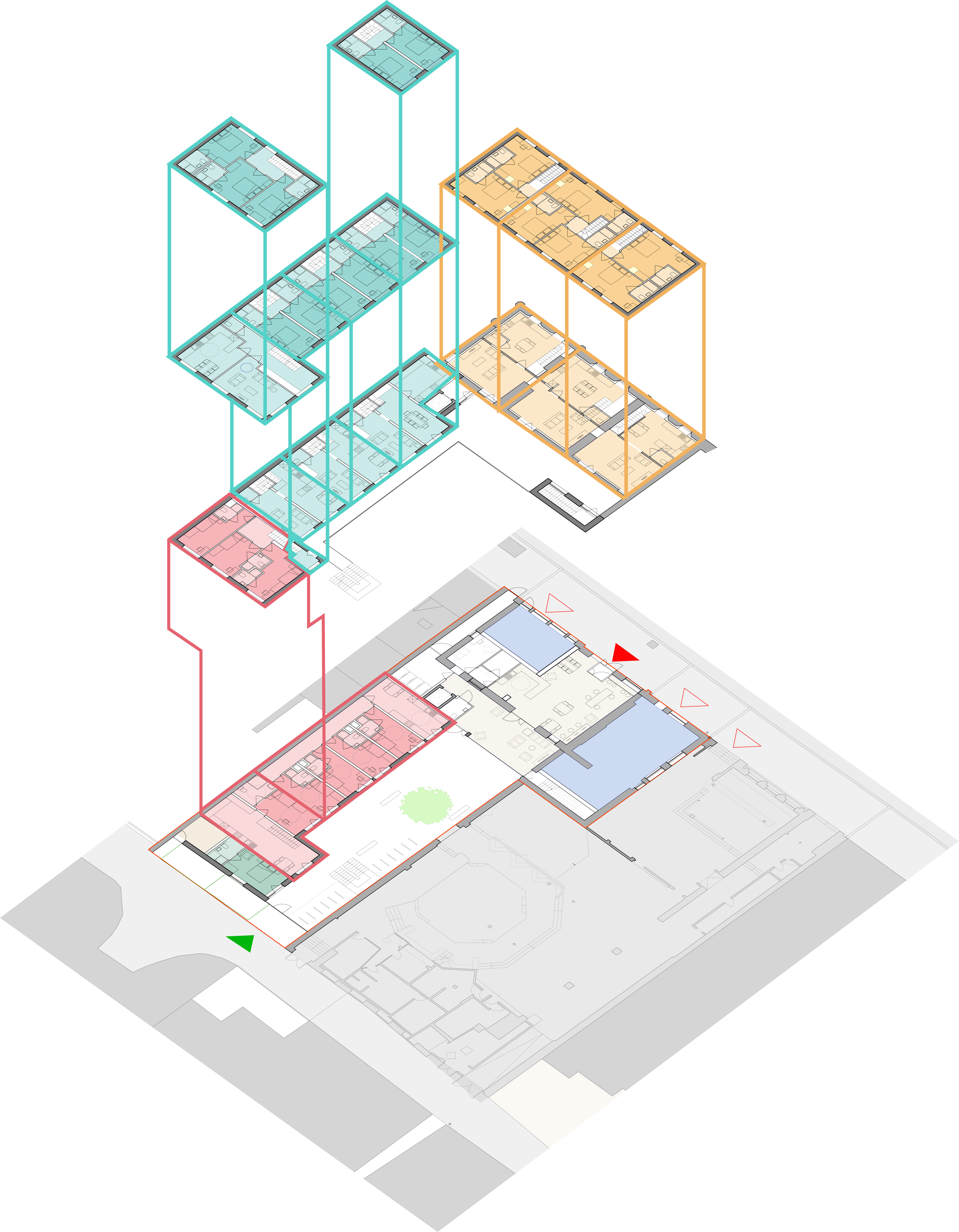 An exploded axonometric floor plan showing different housing typologies