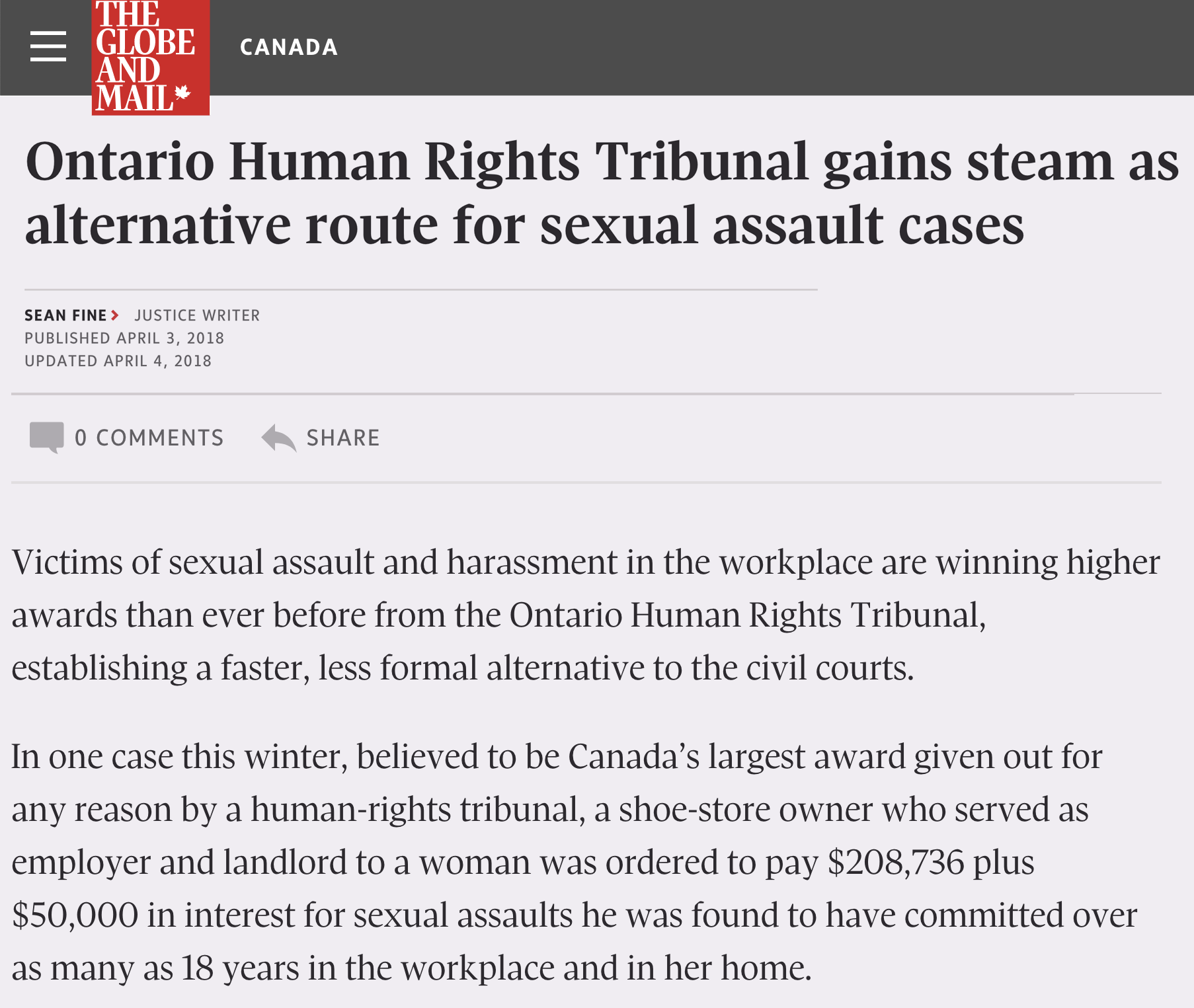 Human Rights Tribunals as Alternative to Criminal Justice System for Cases of Sexual Assault Globe &amp; Mail, April 2018