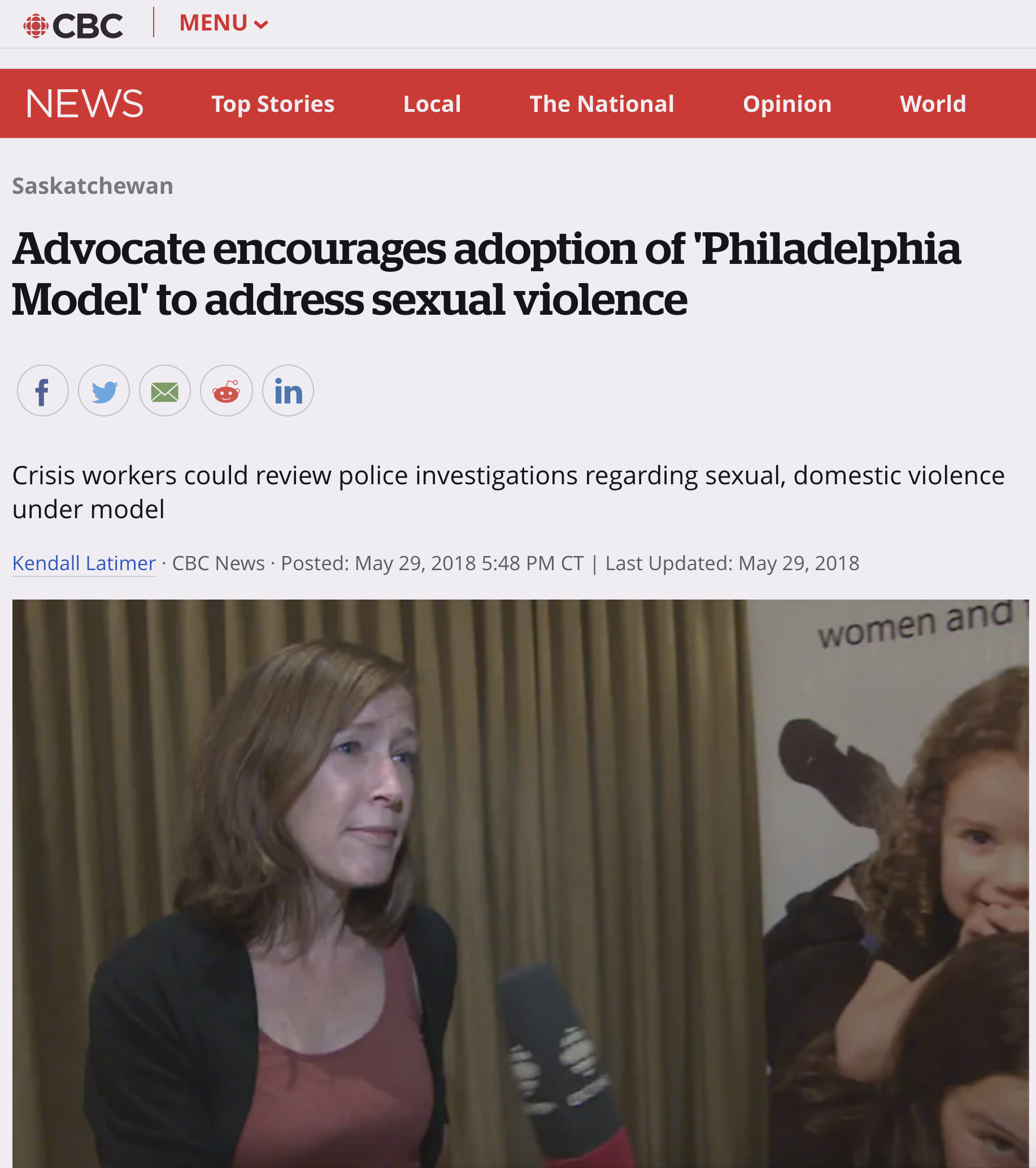 CBC: Advocate encourages adoption of ‘Philadelphia Model’ to address sexual violence (May 29, 2018, Latimer)