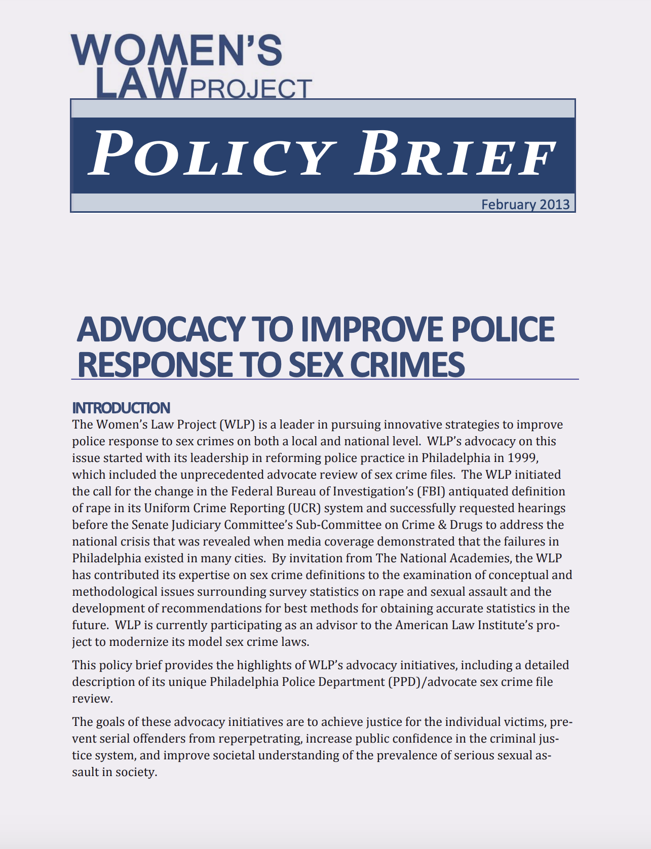 Women’s Law Project Policy Brief: Advocacy to Improve Police Response to Sex Crimes