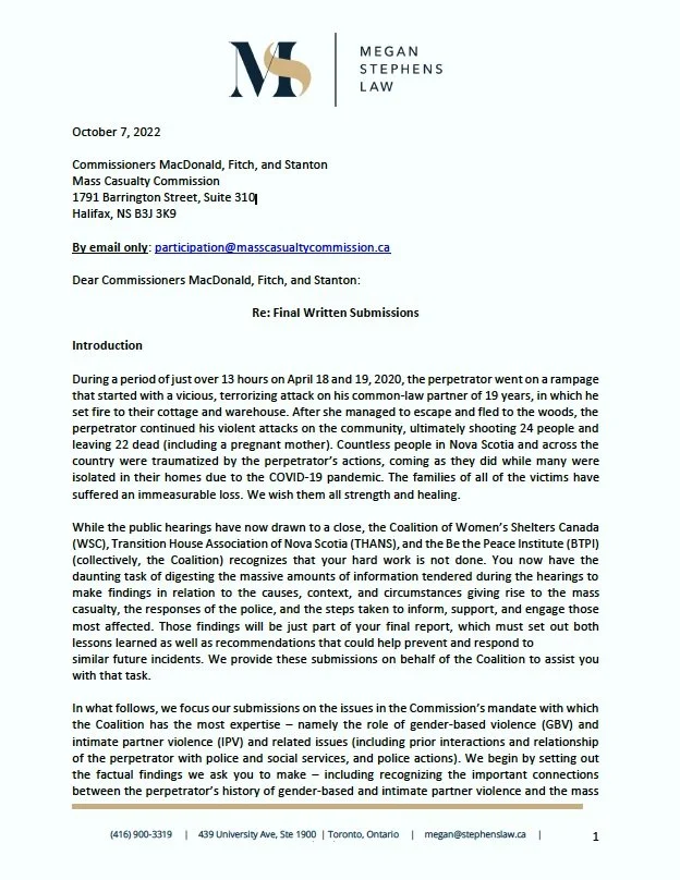 BE THE PEACE INSTITUTE: Final Submission to the Mass Casualty Commission from Coalition Members BTPI, THANS, WSC