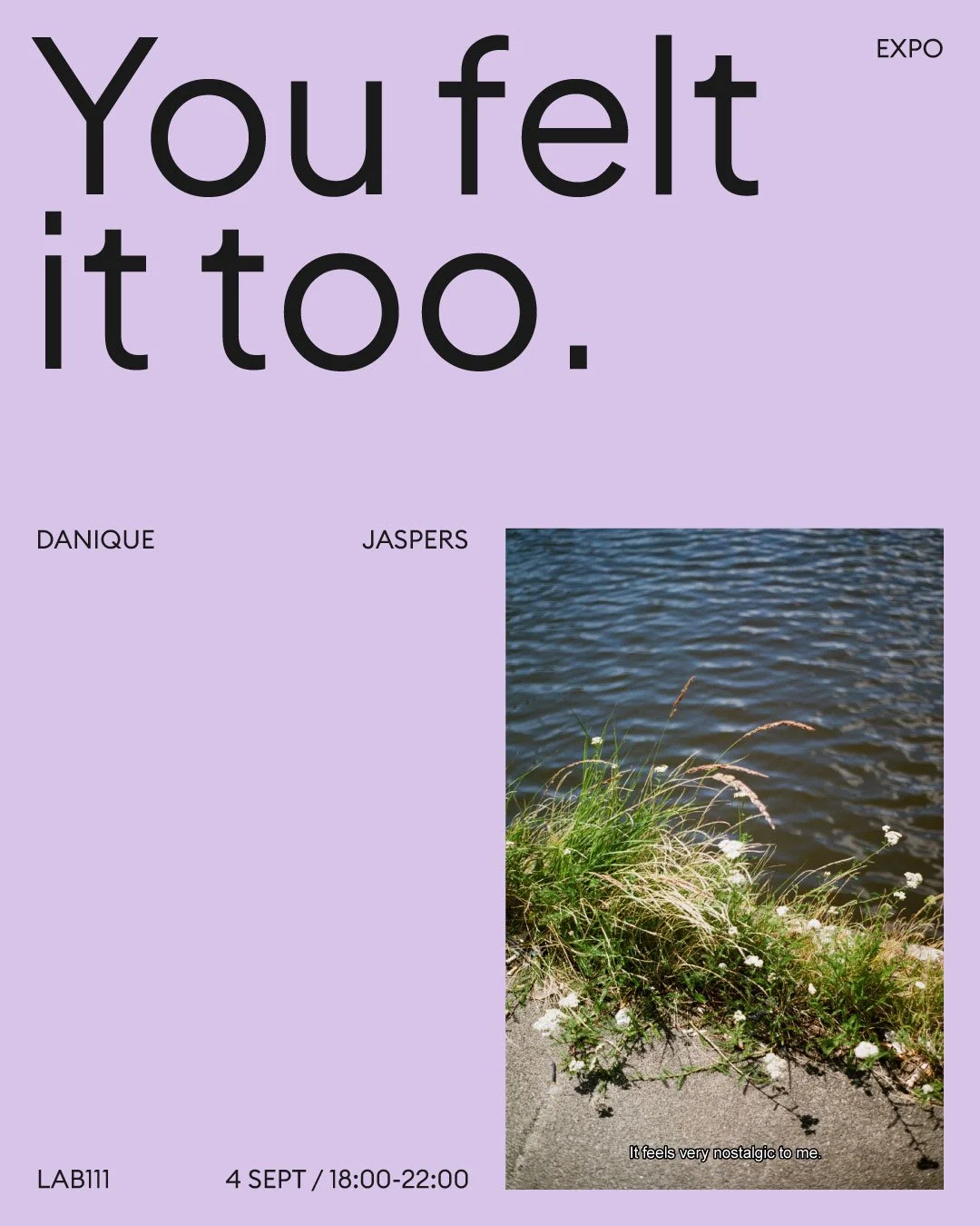 A purple poster with large black text that reads "You felt it too." It contains smaller text "EXPO" in the top right corner and "DANIQUE" and "JASPERS" near a photo of a riverbank. The photo shows water with grass and flowers beside a concrete path, with a caption "It feels very nostalgic to me." at the bottom.