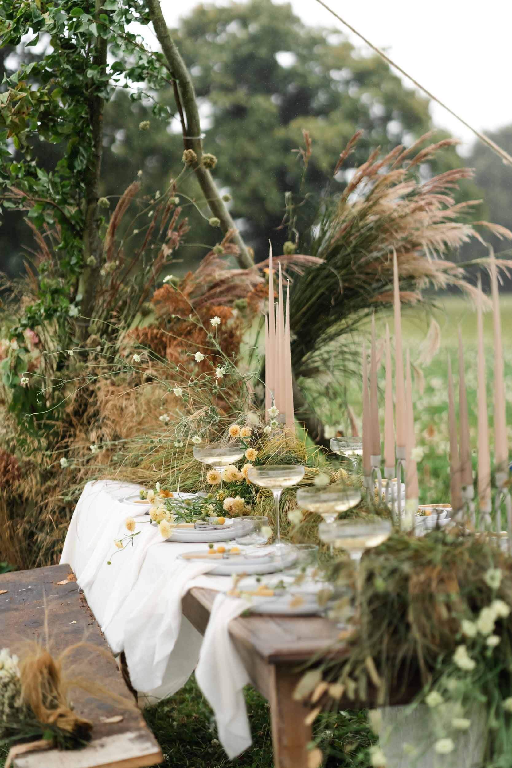 table in meadow set up for a wedding