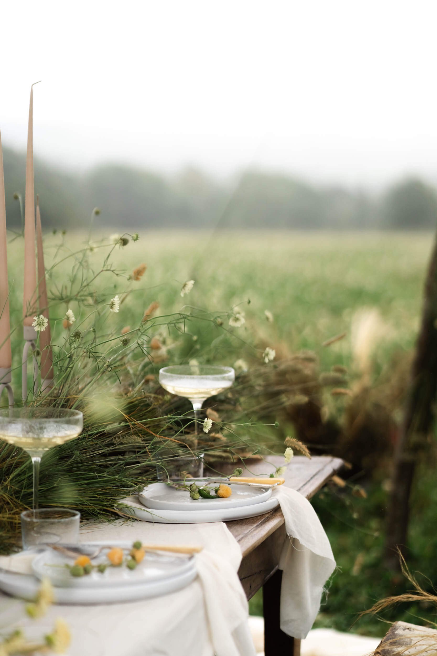 table in meadow set up for wedding