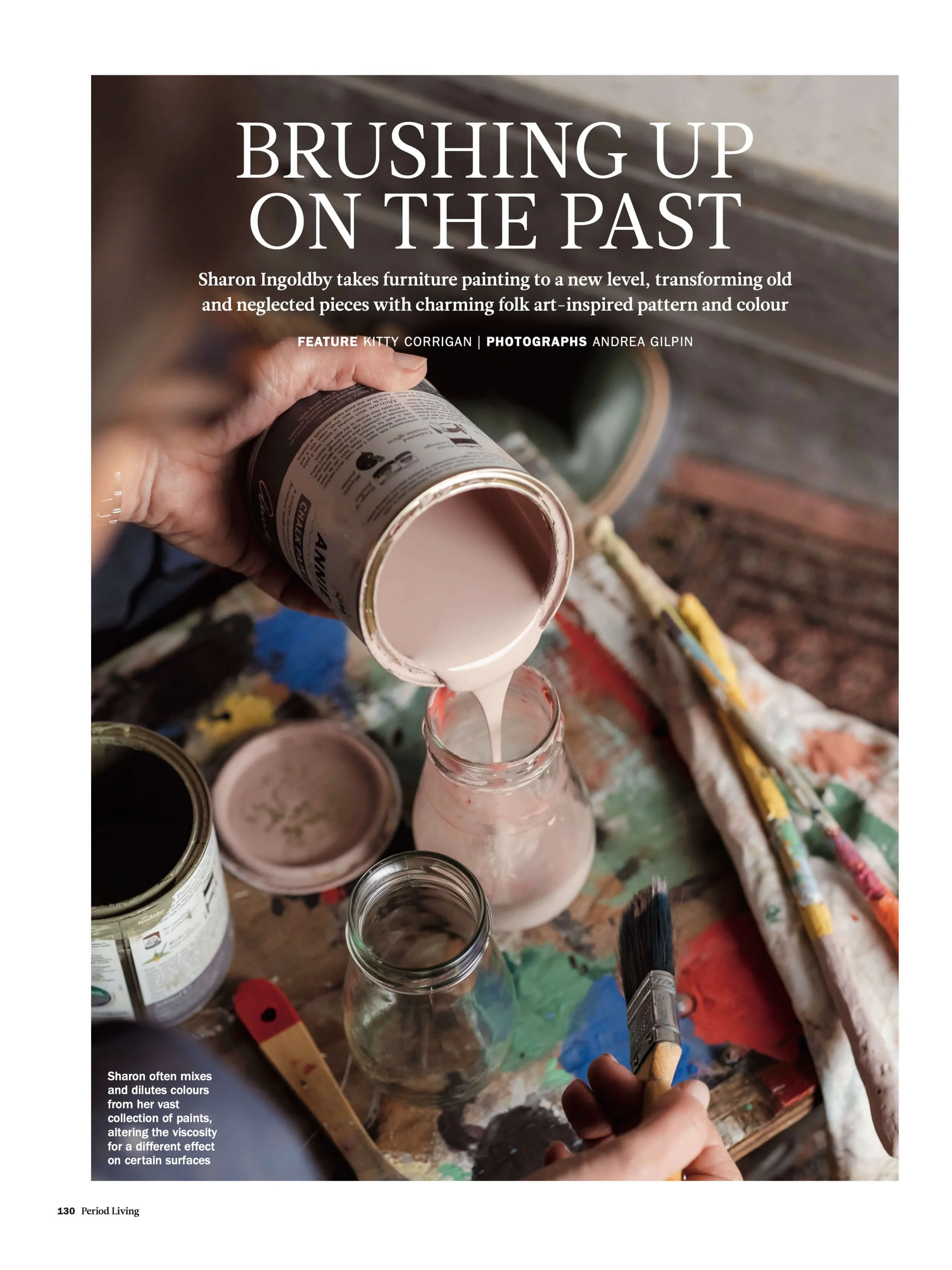Paint pots and studio of Sharon Ingoldby for a feature in Period Living magazine shot by Andrea Gilpin