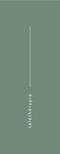 Rectangle de couleur vert mousse de mer avec un texte vertical qui se lit, "téléthérapie" et une ligne verticale blanche.
