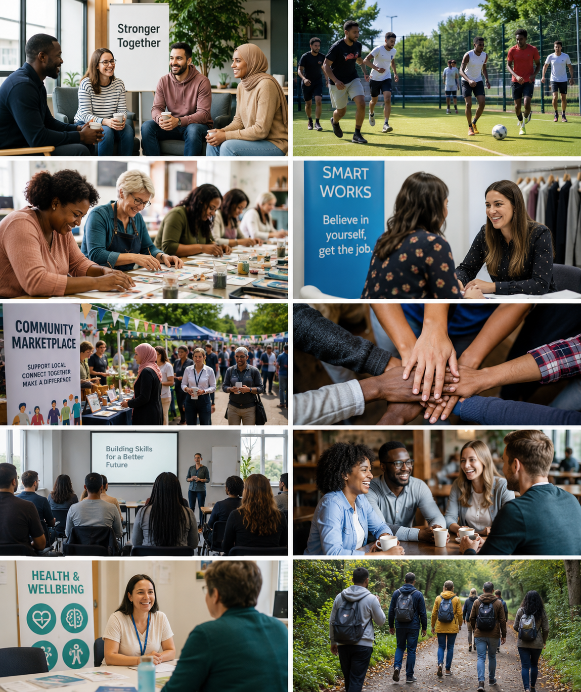 Collage of diverse groups of people participating in community events, workshops, sports, and outdoor activities for health, wellbeing, and social connection.