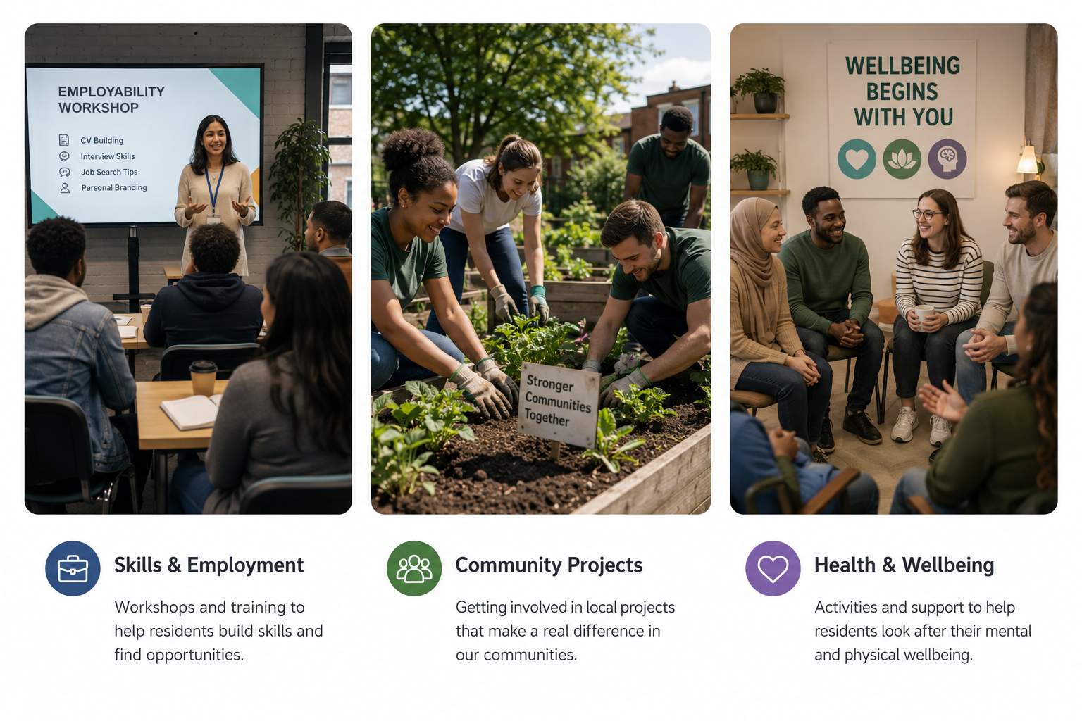 Three photos depicting community activities: a workshop on skills and employment with a presenter and audience, people volunteering in a community garden, and a support group discussion on health and wellbeing with a sign reading 'Wellbeing begins with you'.