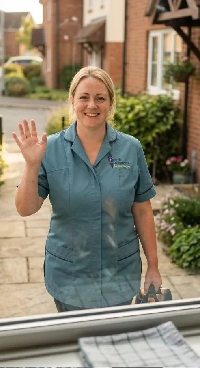A woman with blonde hair smiling and waving outside a house, wearing a blue uniform with a logo.