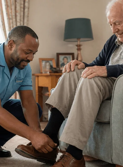 A caregiver helping an elderly man put on his shoes in a living room.