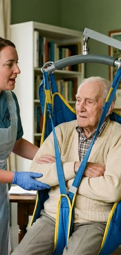 A nurse assisting an elderly man in a ceiling lift chair in a home setting.