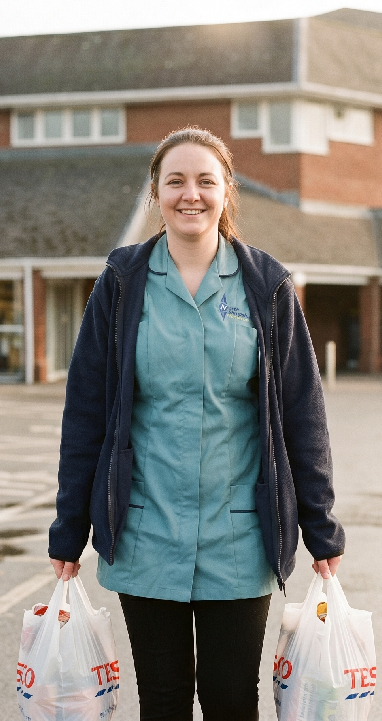 A woman smiling outdoors, holding grocery bags in each hand, standing in front of a building.