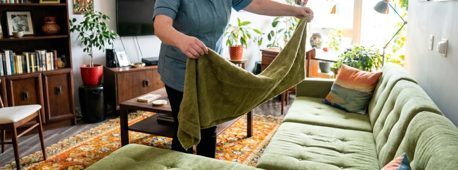 Person in a teal shirt cleaning a green sectional sofa with a yellow cloth in a cozy, well-lit living room.