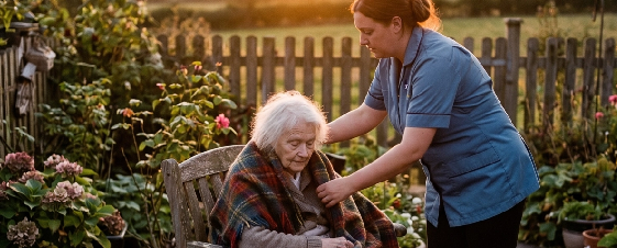 A young woman in a blue uniform gently cares for an elderly woman sitting on a wooden garden bench in a lush garden with blooming flowers, during sunset.