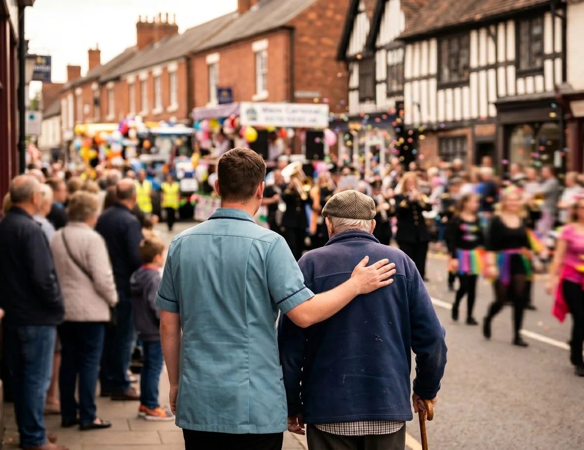 A young man with his arm around an elderly man walking in front of a crowd during a parade or street festival, with onlookers and colorful decorations in the background.