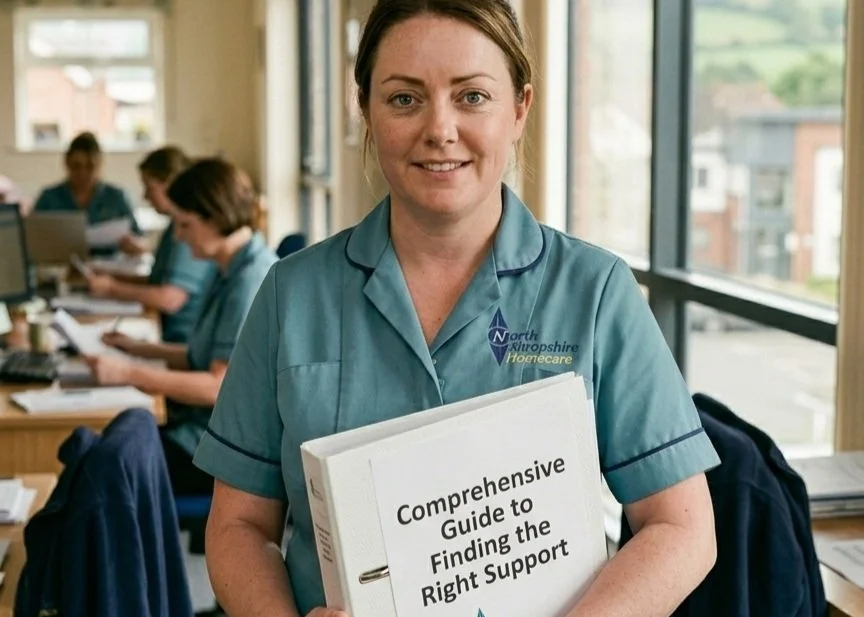 A smiling woman in a blue uniform holding a book titled "Comprehensive Guide to Finding the Right Support" in a bright, busy office setting with several colleagues working at desks in the background.